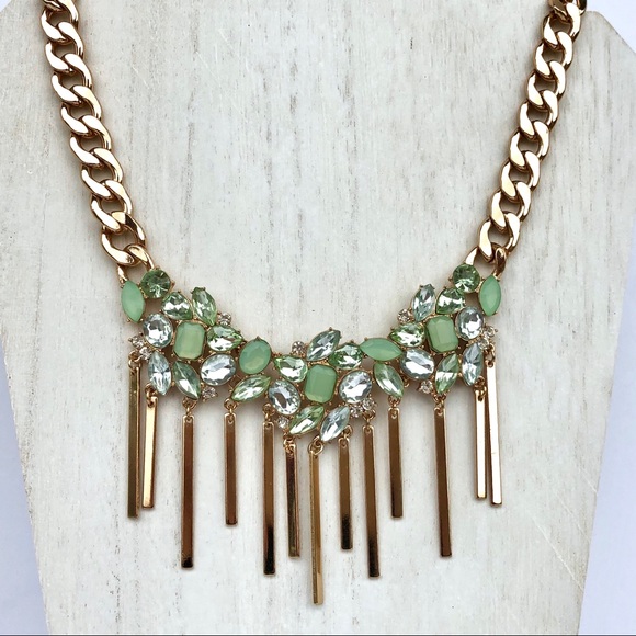 Pale Green Rhinestone Gold Dangle Bib Necklace - Picture 3 of 8
